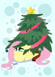 Size: 1920x2716 | Tagged: safe, artist:julunis14, derpibooru import, fluttershy, butterfly, pegasus, pony, christmas, christmas tree, cute, digital, hiding, holiday, shyabetes, signature, simple background, tree