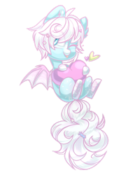 Size: 1280x1744 | Tagged: safe, artist:cloud-fly, artist:system-destroyer, derpibooru import, oc, oc only, bat pony, pony, collaboration, chibi, commission, eye clipping through hair, heart, looking at you, one eye closed, simple background, smiling, solo, spread wings, tongue out, transparent background, wings, wink, ych result