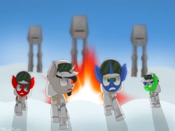 Size: 1024x768 | Tagged: safe, artist:reziepony, derpibooru import, oc, oc:jaredcheeks, oc:raulix evergreen, oc:reziepony, oc:talzotl, pony, at-at, atat, galactic empire, hoth, rebel alliance, running, running away, scared, star wars