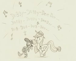 Size: 800x641 | Tagged: safe, artist:grivous, derpibooru import, applejack, earth pony, pony, banjo, crossover, friendshipping, musical instrument, simple background, singing, traditional art, wander (wander over yonder), wander over yonder, white background