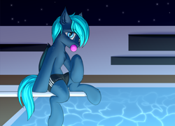 Size: 3125x2250 | Tagged: safe, artist:snowstormbat, derpibooru import, oc, oc:guttatus, bat pony, chewing gum, clothes, looking at you, male, sitting, solo, stallion, swimming pool, swimming trunks, swimsuit, water