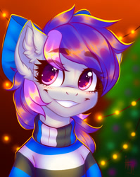 Size: 1320x1657 | Tagged: safe, artist:falafeljake, derpibooru import, oc, oc only, earth pony, pony, blushing, bow, christmas, christmas tree, clothes, ear fluff, eye clipping through hair, female, hair bow, holiday, looking at you, mare, smiling, solo, sweater, tree