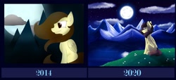 Size: 1600x728 | Tagged: safe, artist:whitehershey, derpibooru import, oc, oc only, oc:white hershey, pegasus, pony, female, moon, mountain, night, night sky, redraw, scenery, sky, solo