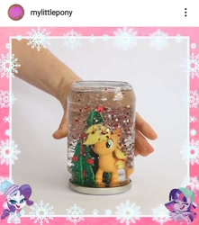 Size: 1080x1219 | Tagged: safe, derpibooru import, applejack, rarity, twilight sparkle, twilight sparkle (alicorn), alicorn, earth pony, pony, unicorn, my little pony: pony life, christmas, christmas tree, clothes, frame, holiday, jar, official, pony in a bottle, snow, snowflake, tree, winter outfit