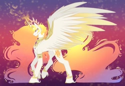 Size: 2184x1513 | Tagged: safe, artist:lunathemoongod, derpibooru import, princess celestia, alicorn, pony, accessories, colored wings, gradient mane, gradient tail, gradient wings, magic, redesign, simple background, solo, wings