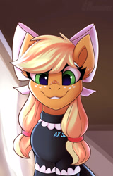 Size: 800x1250 | Tagged: safe, artist:shadowreindeer, derpibooru import, applejack, earth pony, pony, robot, robot pony, alternate hairstyle, android, applebot, bow, clothes, cute, detroit: become human, female, freckles, hair bow, jackabetes, looking at you, maid, mare, pigtails, smiling, solo