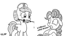 Size: 1200x675 | Tagged: safe, artist:pony-berserker, derpibooru import, nurse redheart, pinkie pie, earth pony, pony, pony-berserker's twitter sketches, descriptive noise, glass syringe, grayscale, horse noises, looking at each other, monochrome, mouth hold, simple background, syringe, trypanophobia, vaccination, white background