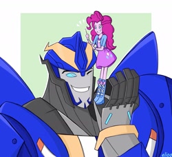 Size: 1991x1817 | Tagged: safe, artist:elioo, derpibooru import, pinkie pie, human, equestria girls, autobot, crossover, cybertronian, drumsticks, one eye closed, smiling, smokescreen, transformers, transformers prime