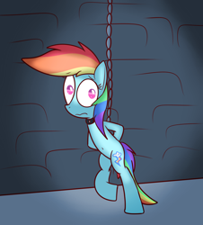 Size: 1280x1413 | Tagged: safe, artist:mr-degration, derpibooru import, rainbow dash, pegasus, pony, arm behind back, bipedal, bondage, chains, collar, female, rope, solo, tied up