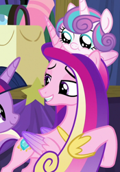 Size: 874x1249 | Tagged: safe, derpibooru import, screencap, princess cadance, princess flurry heart, twilight sparkle, alicorn, pony, road to friendship, baby, baby pony, cropped, duo focus, female, mare, mother and child, mother and daughter, parent and child, pony hat, stage