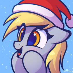 Size: 1000x1000 | Tagged: safe, artist:lollipony, derpibooru import, derpy hooves, pegasus, pony, blushing, bust, christmas, commission, cute, derpabetes, eye clipping through hair, female, floppy ears, happy, hat, holiday, mare, open mouth, portrait, santa hat, smiling, snow, solo, starry eyes, wingding eyes