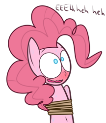 Size: 590x684 | Tagged: safe, artist:mr-degration, derpibooru import, pinkie pie, earth pony, pony, blushing, bondage, female, nervous laugh, rope, rope bondage, simple background, solo, sweat, tied up, transparent background, wide eyes