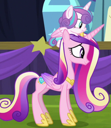 Size: 976x1125 | Tagged: safe, derpibooru import, screencap, princess cadance, princess flurry heart, alicorn, pony, road to friendship, baby, baby pony, cropped, duo, female, mare, mother and child, mother and daughter, parent and child, pony hat, stage