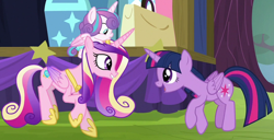 Size: 1666x851 | Tagged: safe, derpibooru import, screencap, princess cadance, princess flurry heart, twilight sparkle, twilight sparkle (alicorn), alicorn, pony, road to friendship, aunt and niece, baby, baby pony, eye contact, female, filly, foal, looking at each other, mare, mother and child, mother and daughter, parent and child, sisters-in-law, sunshine sunshine