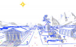 Size: 2000x1250 | Tagged: safe, artist:slamjam, derpibooru import, twilight sparkle, city, cityscape, mountain, simple background, sketch, statue, white background