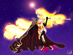 Size: 3547x2676 | Tagged: safe, artist:magnetjasdraw329, derpibooru import, daybreaker, human, alicorn humanization, armor, boots, cape, choker, clothes, evening gloves, female, gloves, glowing horn, high heel boots, horn, horned humanization, humanized, jewelry, lipstick, long gloves, night, open mouth, regalia, shoes, sky, solo, stars, sword, unconvincing armor, weapon, winged humanization, wings