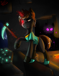 Size: 1095x1410 | Tagged: safe, artist:yuris, derpibooru import, oc, oc only, pony, unicorn, cave, lava, minecraft, solo