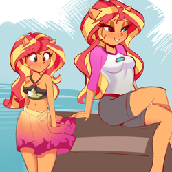 Size: 4000x4000 | Tagged: safe, artist:xjenn9, derpibooru import, sunset shimmer, equestria girls, equestria girls series, forgotten friendship, legend of everfree, absurd resolution, adorasexy, belly button, bikini, bikini top, blushing, breasts, clothes, crossed legs, cute, duality, female, lidded eyes, midriff, ponied up, self paradox, sexy, shorts, sketch, smiling, solo, sunset jiggler, swimsuit