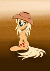 Size: 2480x3508 | Tagged: safe, artist:itchystomach, derpibooru import, applejack, earth pony, pony, chest fluff, cute, digital art, jackabetes, leg fluff, melancholy, rain, sad, sadorable, simple background, solo