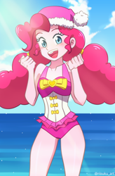 Size: 850x1298 | Tagged: safe, artist:riouku, derpibooru import, pinkie pie, better together, equestria girls, alternate hairstyle, christmas, clothes, hat, holiday, looking at you, open mouth, pinkie pie swimsuit, santa hat, summer, swimsuit