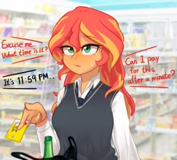 Size: 2578x2341 | Tagged: safe, alternate version, artist:maren, derpibooru import, sunset shimmer, equestria girls, alcohol, bag, blushing, booze, breasts, clothes, female, high school, id, korean, necktie, school uniform, shirt, shop, solo, sunset jiggler, sweat, sweatdrop, vest