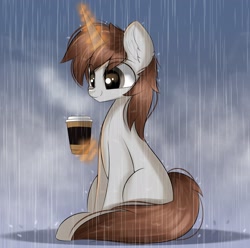 Size: 2175x2160 | Tagged: safe, artist:janelearts, derpibooru import, oc, oc only, pony, unicorn, coffee cup, cup, ear fluff, eye clipping through hair, magic, male, rain, sitting, smiling, solo, stallion, telekinesis