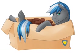 Size: 1280x887 | Tagged: safe, artist:imreer, derpibooru import, oc, oc only, oc:cloud zapper, pegasus, pony, box, food, male, muffin, pegasus oc, pony in a box, simple background, solo, stallion, white background, wings