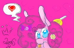 Size: 709x459 | Tagged: safe, artist:amgiwolf, derpibooru import, pinkie pie, earth pony, pony, :p, blushing, bust, female, heart, mare, pictogram, pink background, simple background, solo, tongue out