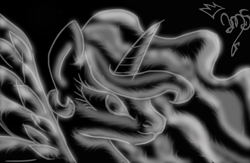 Size: 664x434 | Tagged: safe, artist:amgiwolf, derpibooru import, princess celestia, alicorn, pony, black background, bust, female, mare, monochrome, signature, simple background, solo