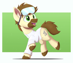 Size: 4000x3511 | Tagged: safe, artist:arcane-thunder, oc, oc:calpain, earth pony, pony, birthday gift, brown mane, brown tail, clothes, cloven hooves, cute, cutie mark, ear fluff, goggles, high res, lab coat, male, open mouth, simple background, smiling, solo, stallion, unshorn fetlocks