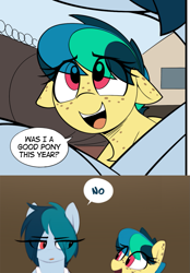 Size: 905x1300 | Tagged: safe, artist:shinodage, oc, oc:apogee, oc:delta vee, pegasus, pony, chest fluff, dialogue, eye clipping through hair, female, filly, freckles, looking at each other, mare, mother and child, mother and daughter, no, open mouth, parent and child, pegasus oc, smiling, speech bubble