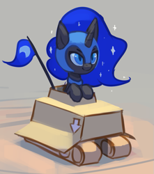 Size: 531x600 | Tagged: safe, artist:rodrigues404, nightmare moon, pony, cardboard, cardboard box, colored pupils, cute, ethereal mane, female, filly, flag, helmet, moonabetes, nightmare woon, smiling, solo, starry mane, tank (vehicle), vehicle