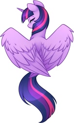 Size: 845x1388 | Tagged: safe, artist:scarlet-spectrum, twilight sparkle, twilight sparkle (alicorn), alicorn, pony, bust, cropped, cute, facing away, female, lidded eyes, looking at you, looking back, looking back at you, mare, rear view, simple background, solo, spread wings, twiabetes, white background, wing fluff, wings