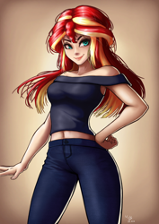 Size: 1060x1500 | Tagged: safe, artist:the-park, sunset shimmer, human, equestria girls, belly button, clothes, female, human coloration, humanized, jeans, midriff, pants, simple background, smiling, solo, standing