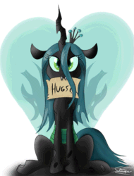 Size: 455x600 | Tagged: safe, artist:sadtrooper, artist:szafir87, queen chrysalis, changeling, changeling queen, animated, bronybait, crown, cute, cutealis, eye clipping through hair, female, gif, heart, hug request, hugs 4 bugs, hugs?, jewelry, mouth hold, quadrupedal, regalia, signature, sitting, solo, wing flap