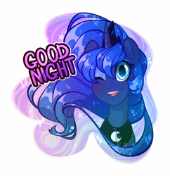Size: 2950x3050 | Tagged: safe, artist:hiloumuns, princess luna, alicorn, pony, bust, crown, cute, ethereal mane, eye clipping through hair, eyebrows visible through hair, female, good night, jewelry, lunabetes, mare, one eye closed, open mouth, peytral, portrait, regalia, simple background, solo, starry mane, stars, sweet dreams fuel, white background, wink