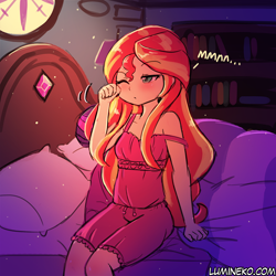 Size: 750x750 | Tagged: safe, artist:lumineko, sci-twi, sunset shimmer, twilight sparkle, equestria girls, bed, blushing, bookshelf, clothes, cute, female, lesbian, morning ponies, one eye closed, pillow, sci-twi's room, scitwishimmer, shimmerbetes, shipping, sitting, sleeveless, solo focus, sunsetsparkle