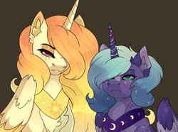 Size: 2695x2000 | Tagged: safe, artist:petergriffinschin, princess celestia, princess luna, alicorn, pony, alternate design, blushing, chest fluff, collar, duo, female, freckles, jewelry, lidded eyes, mare, necklace, royal sisters, siblings, sisters