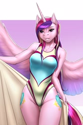 Size: 1900x2850 | Tagged: safe, artist:mykegreywolf, princess cadance, alicorn, anthro, both cutie marks, breasts, chest fluff, cleavage fluff, clothes, female, high-cut clothing, mare, milf, one-piece swimsuit, princess cansdance, shoulder fluff, solo, spread wings, stupid sexy cadance, swimsuit, towel, uncanny valley, wet mane, wings