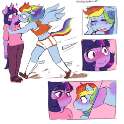 Size: 2500x2500 | Tagged: safe, artist:rainbowsprinklesart, rainbow dash, twilight sparkle, anthro, pegasus, unicorn, accident, accidental kiss, alternate hairstyle, belly button, blushing, blushing profusely, breasts, clothes, comic, cute, delicious flat chest, dust, eyes closed, female, floppy ears, glasses, head scratch, heart eyes, kissing, lesbian, lidded eyes, motion lines, open mouth, pants, passionate, pinned, round glasses, running, running shoes, shipping, shoes, short shirt, shorts, simple background, socks, sports bra, sports shorts, spread wings, surprised, tail, tomboy, twidash, wingding eyes, wings