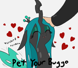 Size: 1500x1300 | Tagged: safe, artist:t72b, queen chrysalis, oc, changeling, changeling queen, human, buggo, chirping, cute, cute bug noises, cutealis, disembodied hand, eye clipping through hair, eyes closed, eyeshadow, female, flapping, floppy ears, fluttering, gray background, hand, happy, heart, makeup, mare, offscreen character, offscreen human, onomatopoeia, open mouth, petting, quadrupedal, simple background, smiling, solo focus, text, white background, wing flutter