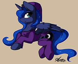 Size: 1032x849 | Tagged: safe, artist:arjinmoon, princess luna, alicorn, pony, chest fluff, clothes, cuddly, cute, female, horn, lunabetes, mare, on side, solo, tan background, wings