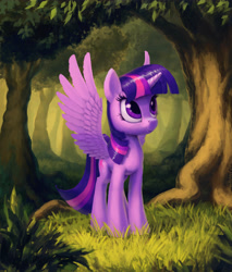 Size: 5000x5877 | Tagged: safe, artist:hunternif, twilight sparkle, twilight sparkle (alicorn), alicorn, pony, cute, female, forest, mare, solo, spread wings, tree, twiabetes, wings