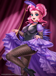 Size: 816x1100 | Tagged: safe, artist:racoonsan, pinkie pie, human, adorasexy, alternate hairstyle, anime, beautiful, blue eyes, blushing, boots, breasts, cabaret, choker, cleavage, clothes, collar, cute, diapinkes, dress, feather, female, fishnets, happy, high heel boots, humanized, legs, looking at you, moe, nail polish, pantyhose, pink hair, pinkie pies, saloon dress, saloon pinkie, sexy, shoes, skirt, skirt lift, smiling, solo, stupid sexy pinkie, thighs, woman