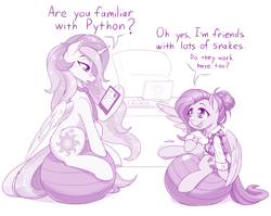 Size: 1280x1020 | Tagged: safe, artist:dstears, fluttershy, princess celestia, alicorn, pegasus, pony, alternate hairstyle, clothes, comically missing the point, computer, cute, dialogue, duo, exercise ball, female, hair bun, job interview, mare, monochrome, necktie, office chair, open mouth, pone co., profile, programming, python (language), shyabetes, sitting, yoga ball