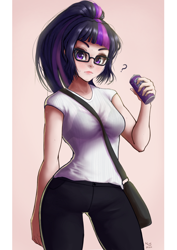 Size: 848x1200 | Tagged: safe, artist:the-park, sci-twi, twilight sparkle, human, equestria girls, bag, bra, can, clothes, fanta, female, glasses, human coloration, humanized, question mark, see-through, simple background, soda can, solo, standing, sweat, underwear