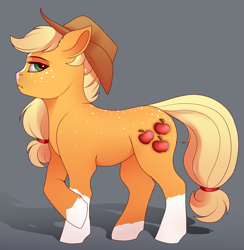 Size: 1281x1315 | Tagged: safe, artist:evehly, applejack, earth pony, pony, alternate design, applejack's hat, blaze (coat marking), coat markings, cowboy hat, cropped, cute, female, freckles, gradient background, hat, looking at you, mare, profile, socks (coat marking), solo