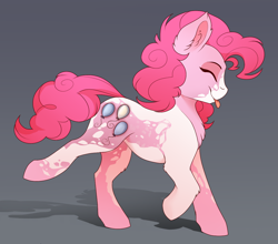 Size: 1368x1203 | Tagged: safe, artist:evehly, pinkie pie, earth pony, pony, :p, alternate design, chest fluff, coat markings, cropped, cute, diapinkes, ear fluff, eyes closed, female, gradient background, gray background, leg fluff, mare, pinto, ponk, profile, smiling, solo, tongue out