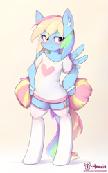 Size: 1693x2713 | Tagged: safe, artist:hoodie, rainbow dash, pegasus, pony, semi-anthro, blushing, cheerleader, clothes, cute, dashabetes, ear fluff, female, heart, mare, pom pom, shirt, socks, solo, spread wings, t-shirt, thigh highs, wings