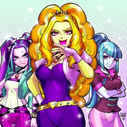 Size: 900x900 | Tagged: safe, artist:babtyu, adagio dazzle, aria blaze, sonata dusk, equestria girls, rainbow rocks, breasts, crossed arms, female, gem, looking at you, noblewoman's laugh, siren gem, sweat, sweatdrop, the dazzlings, trio